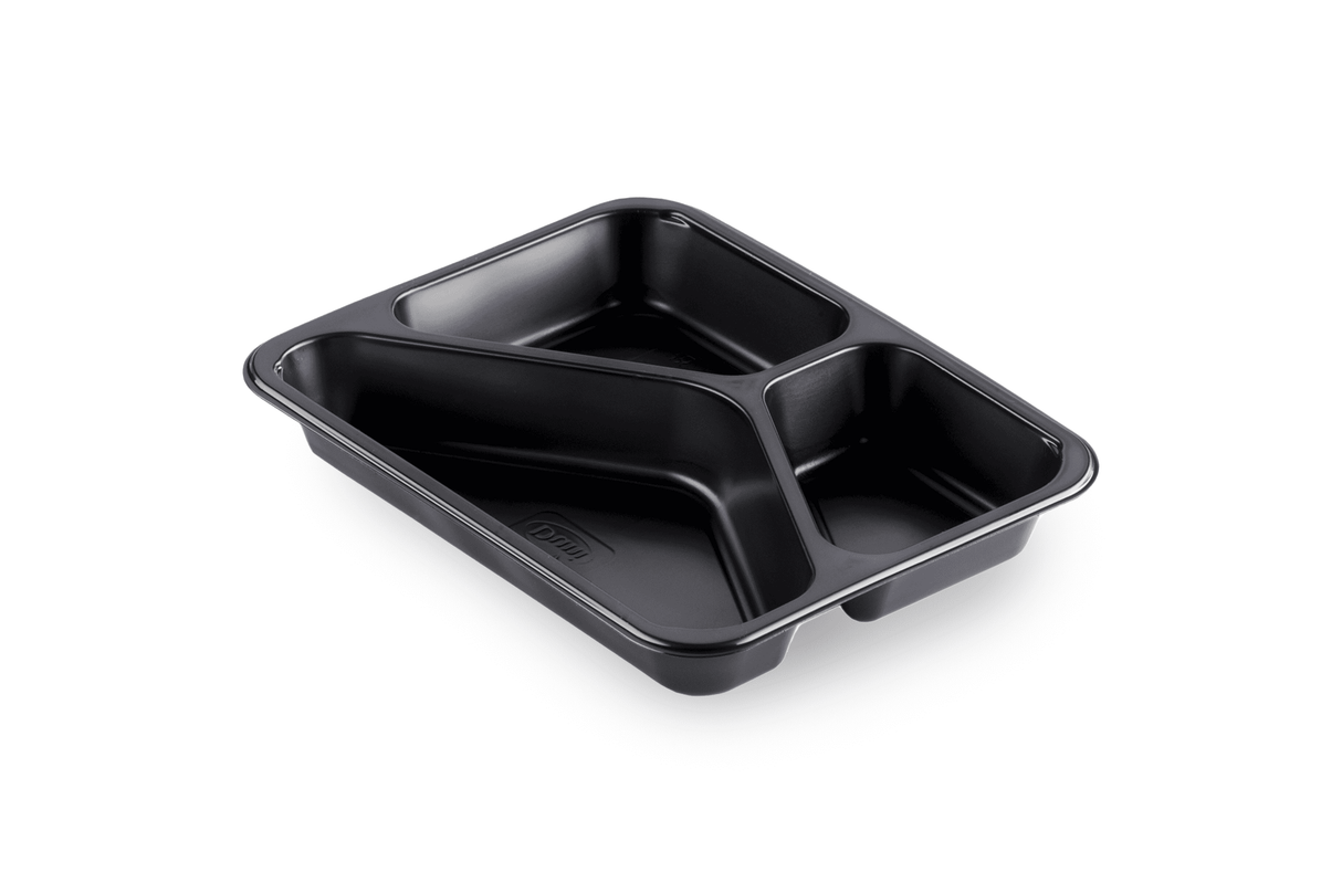 Schwarze Siegelschale mit drei Fächern, ideal zur Organisation von Lebensmitteln, Maße 227 x 178 x 32mm.