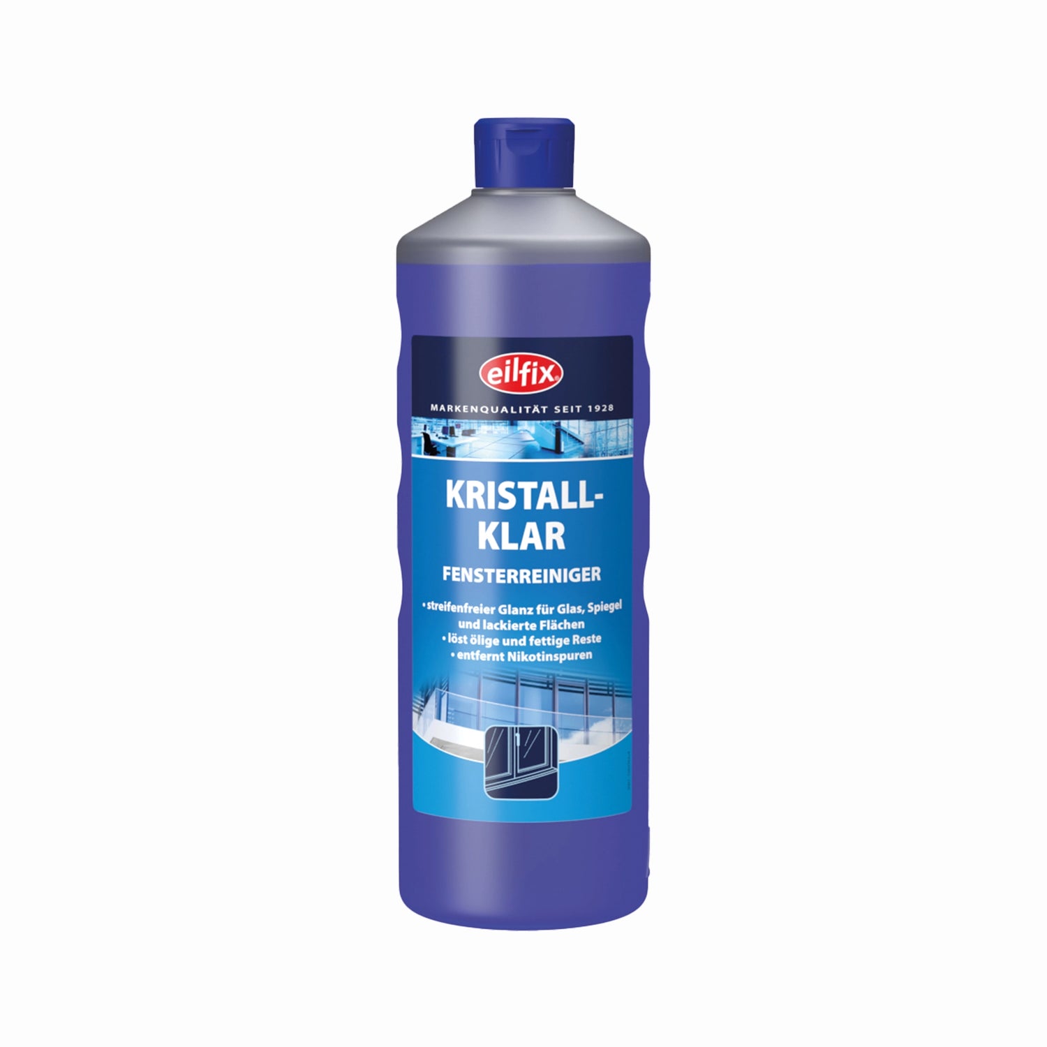 Flasche „Glasreiniger Kristall klar 1 Liter“ mit blauem Etikett und grauem Verschluss, geeignet für streifenfreies Fensterreinigen.