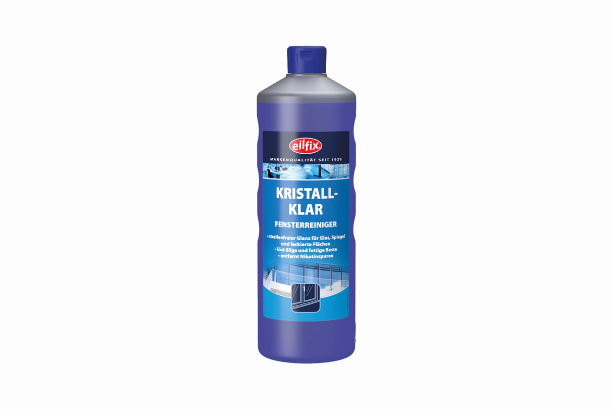 Flasche „Glasreiniger Kristall klar 1 Liter“ mit blauem Etikett und grauem Verschluss, geeignet für streifenfreies Fensterreinigen.
