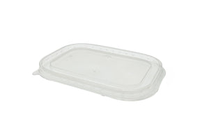 Transparenter rPet-Deckel passend für ovale Salatschalen 750ml und 1000ml, zeigt glatte Kanten und stapelbares Design.