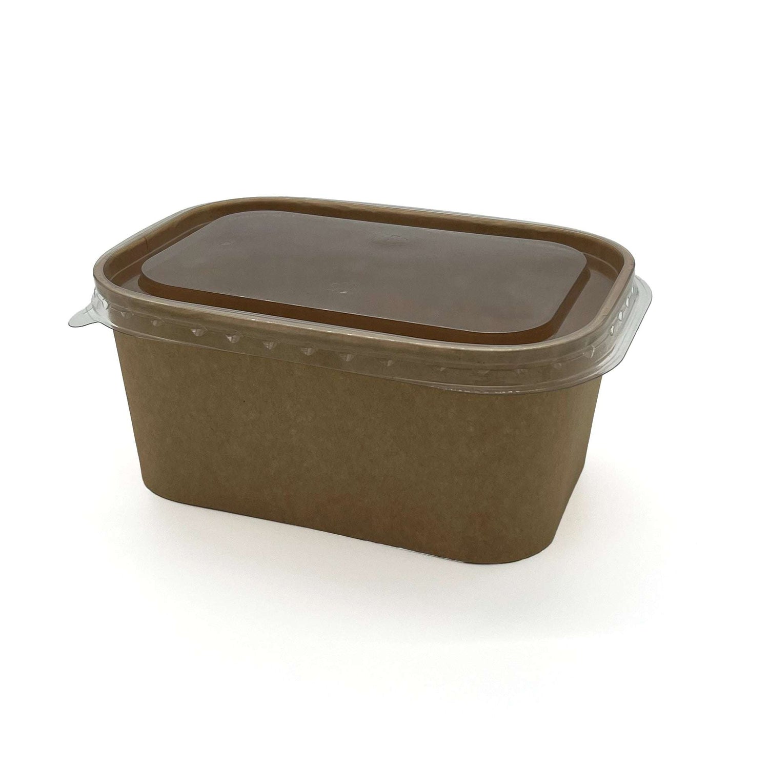rPet Deckel auf brauner, ovaler Kartonschale, geeignet für 750ml und 1000ml Salatschalen, vor weißem Hintergrund.