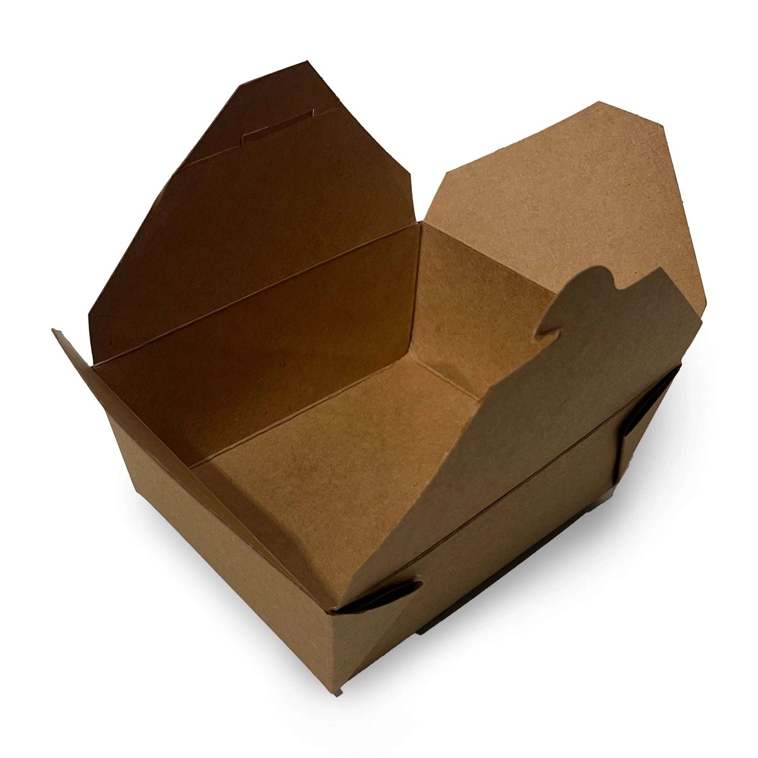 Take-Away-Box aus Kraftpapier mit geöffnetem Faltdeckel, 1000 ml, ideal für umweltfreundlichen Transport von Speisen.