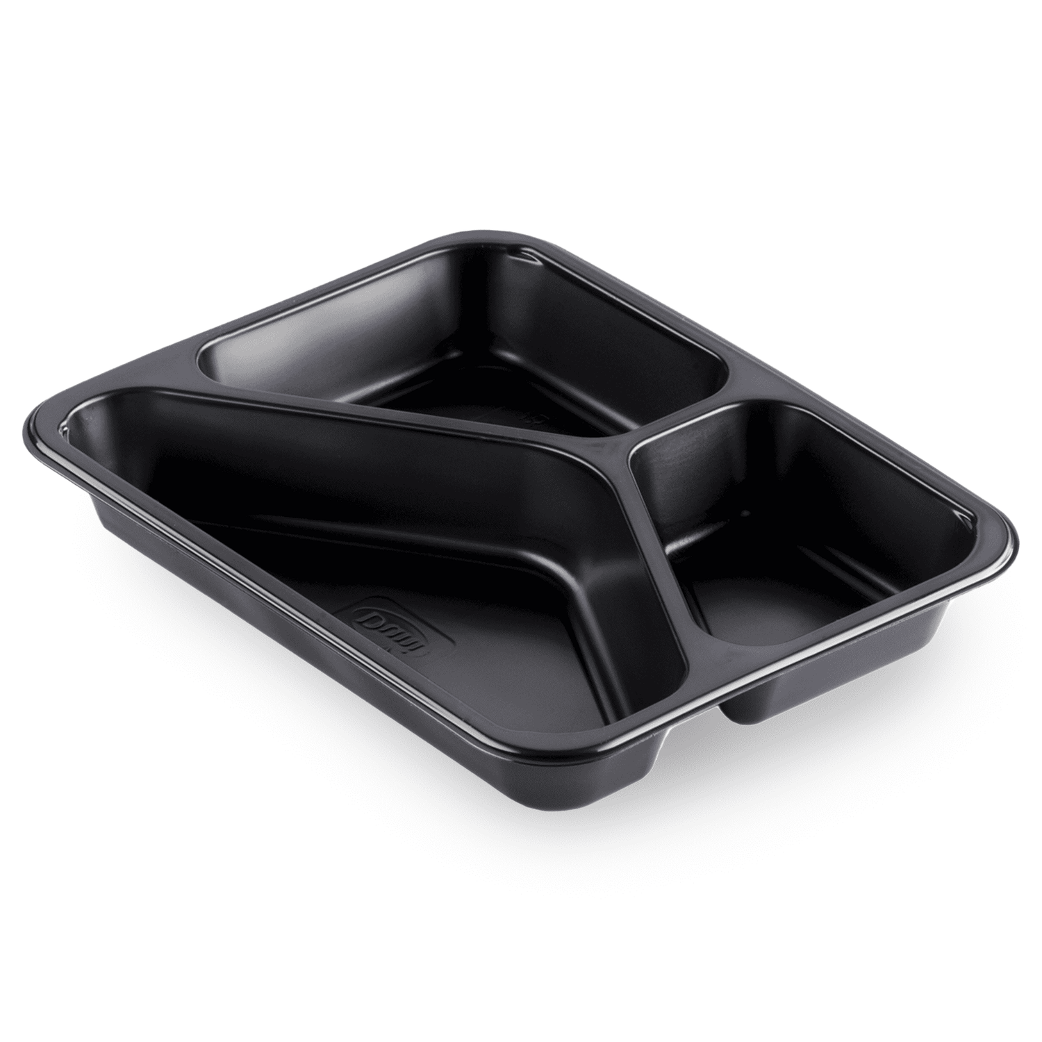 Schwarze Siegelschale mit drei Fächern, ideal zur Organisation von Lebensmitteln, Maße 227 x 178 x 32mm.