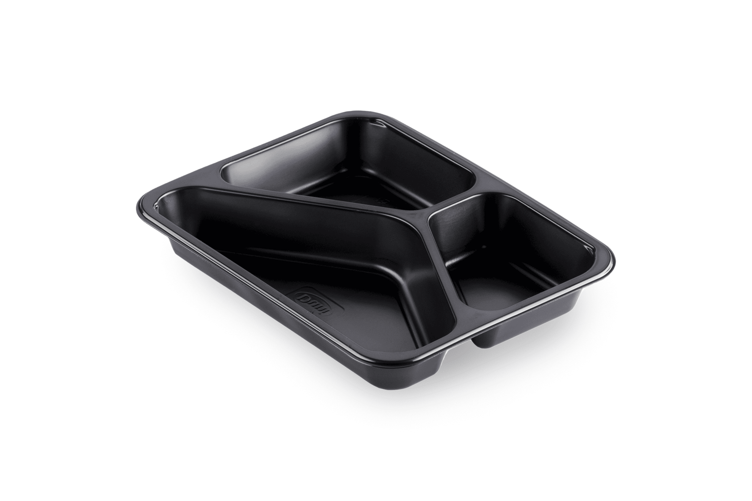 Schwarze Siegelschale mit drei Fächern, ideal zur Organisation von Lebensmitteln, Maße 227 x 178 x 32mm.