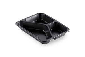 Schwarze Siegelschale mit drei Fächern, ideal zur Organisation von Lebensmitteln, Maße 227 x 178 x 32mm.