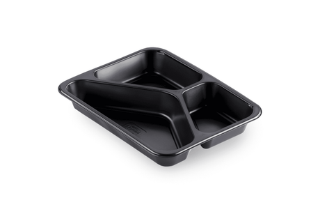 Schwarze Siegelschale mit drei Fächern, ideal zur Organisation von Lebensmitteln, Maße 227 x 178 x 32mm.