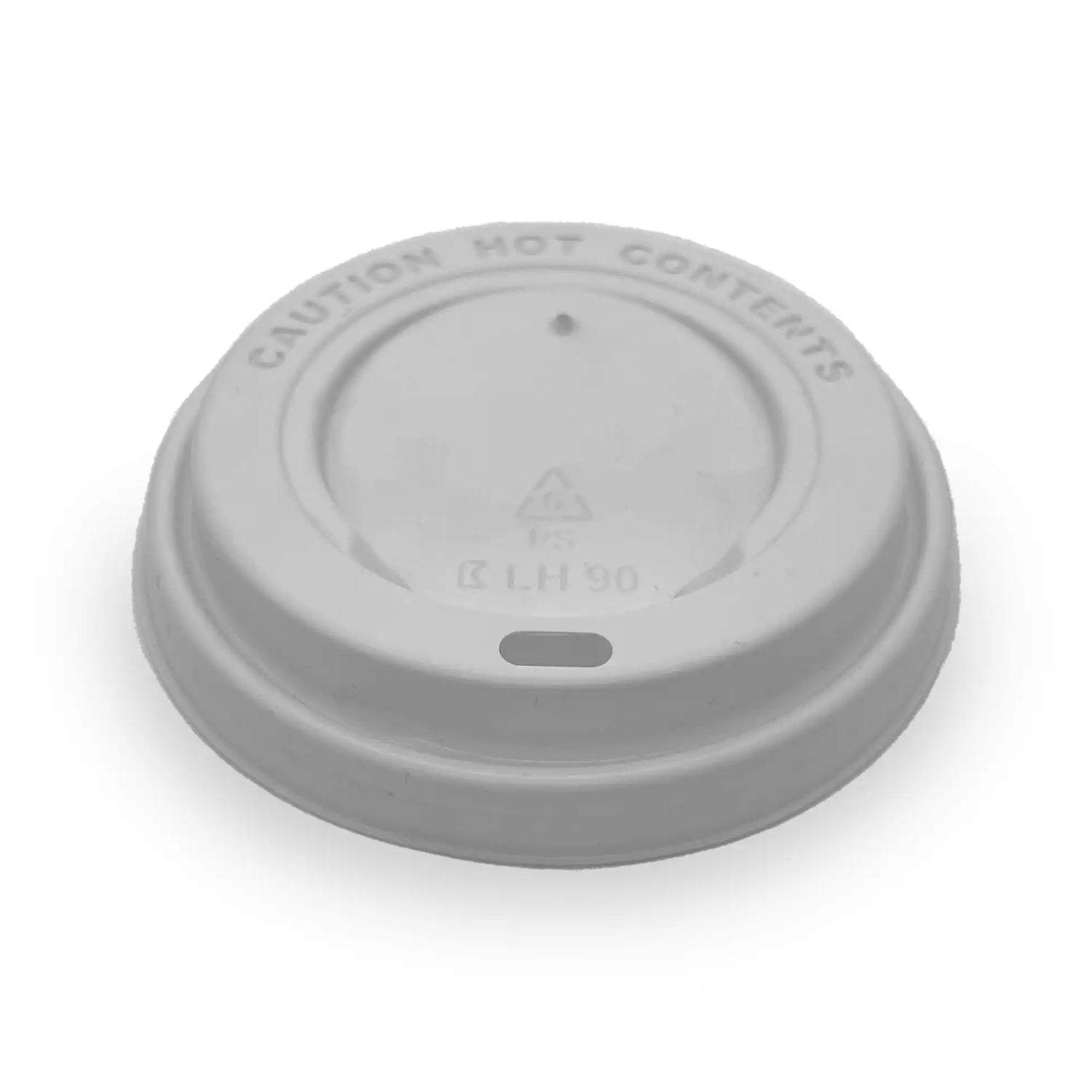 Weiße Deckel für Kaffeebecher aus Kunststoff, geeignet für 300 und 400 ml Becher, mit Warnhinweis für heiße Inhalte.